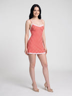 Red Gingham Stretch Knit A-Line V-Neck Backless Mini Dress with Contrast Lace Trim - Curvevia