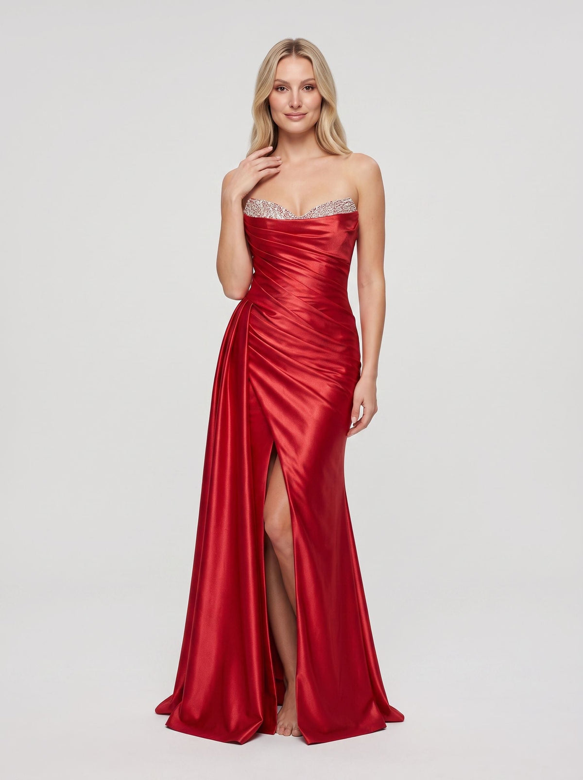Red Glitter Trumpet One Shoulder Backless Floor-Length Dress with Beaded Draped Sleeve - Curvevia