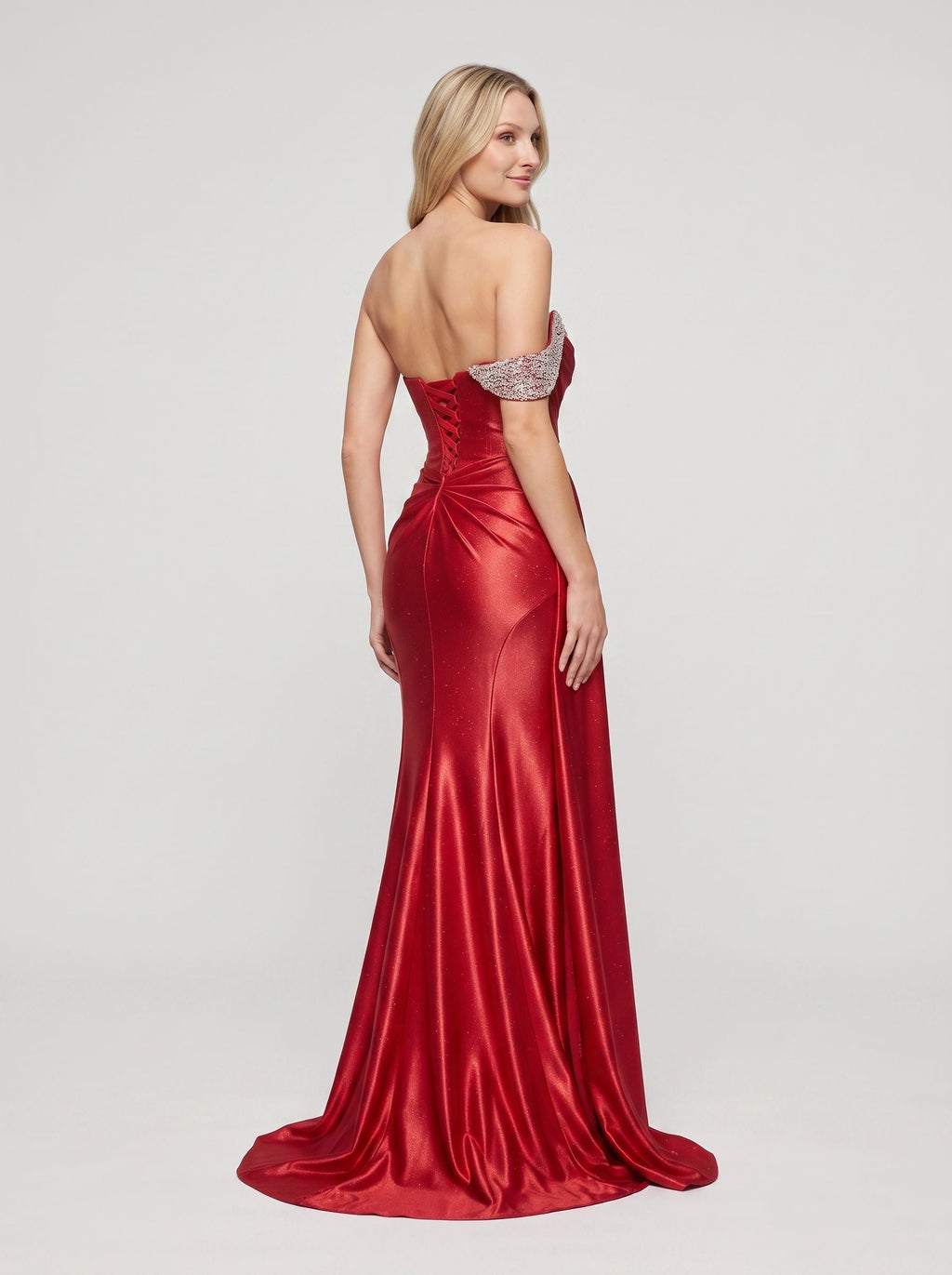 Red Glitter Trumpet One Shoulder Backless Floor-Length Dress with Beaded Draped Sleeve - Curvevia