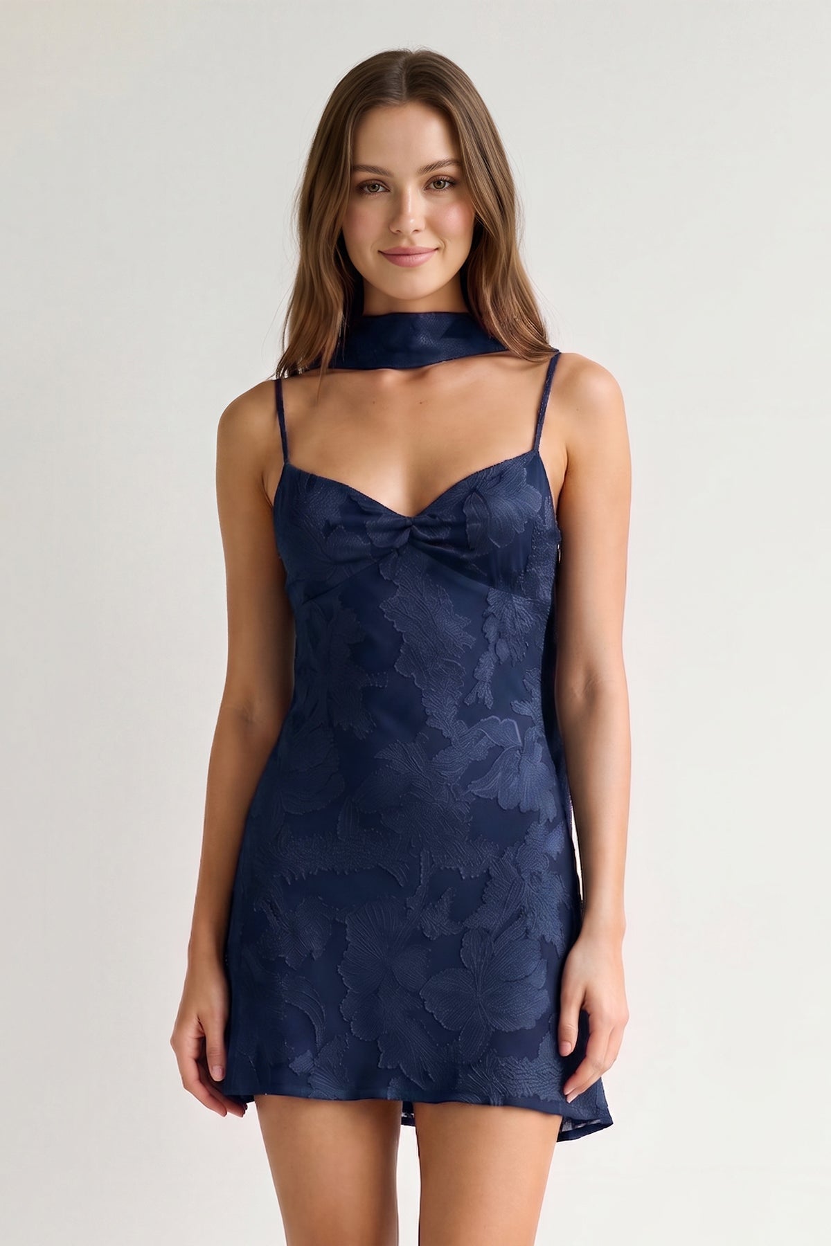 Red Jacquard Chiffon Cami Straps Sheath Homecoming Dress with Scarf - Curvevia