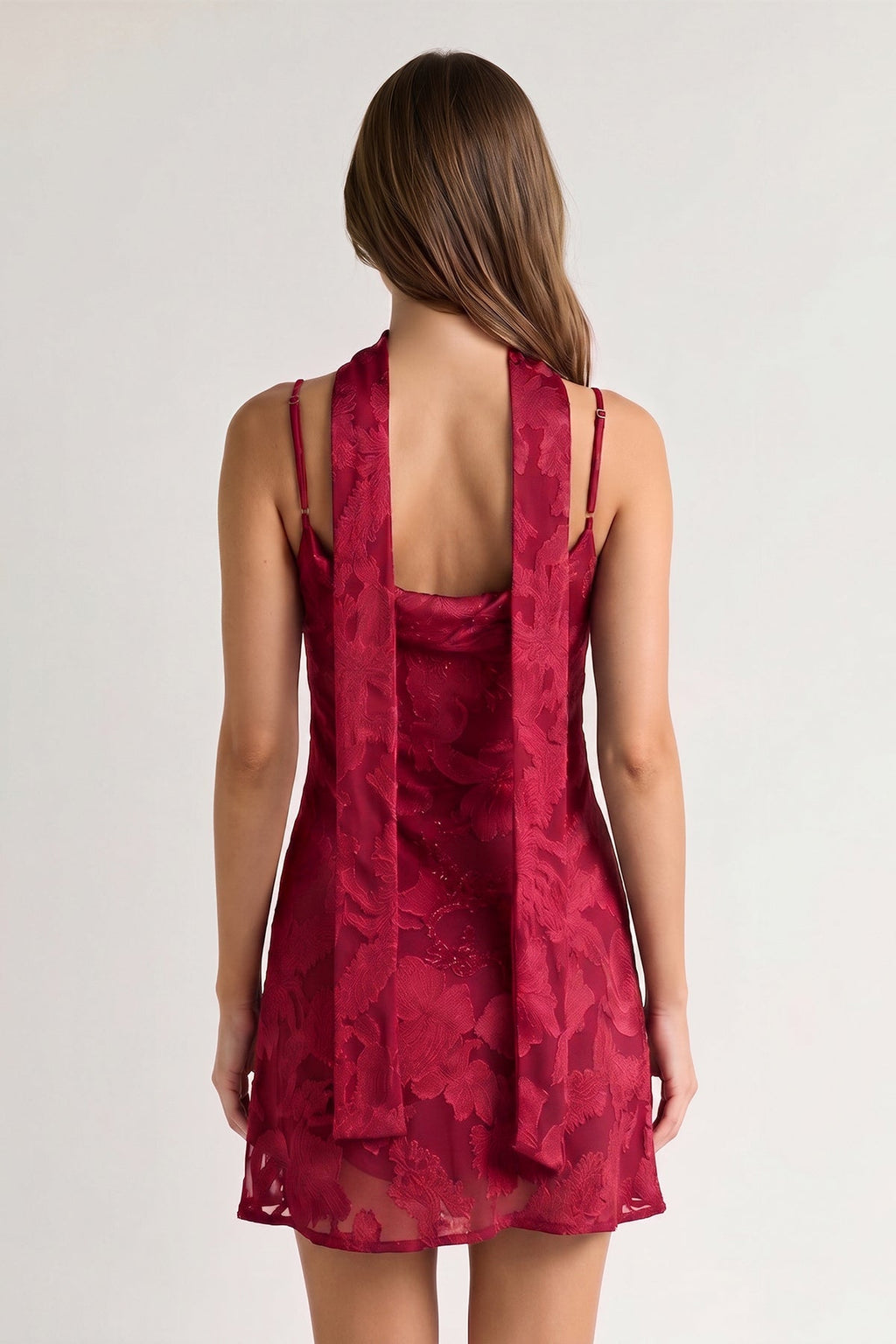 Red Jacquard Chiffon Cami Straps Sheath Homecoming Dress with Scarf - Curvevia