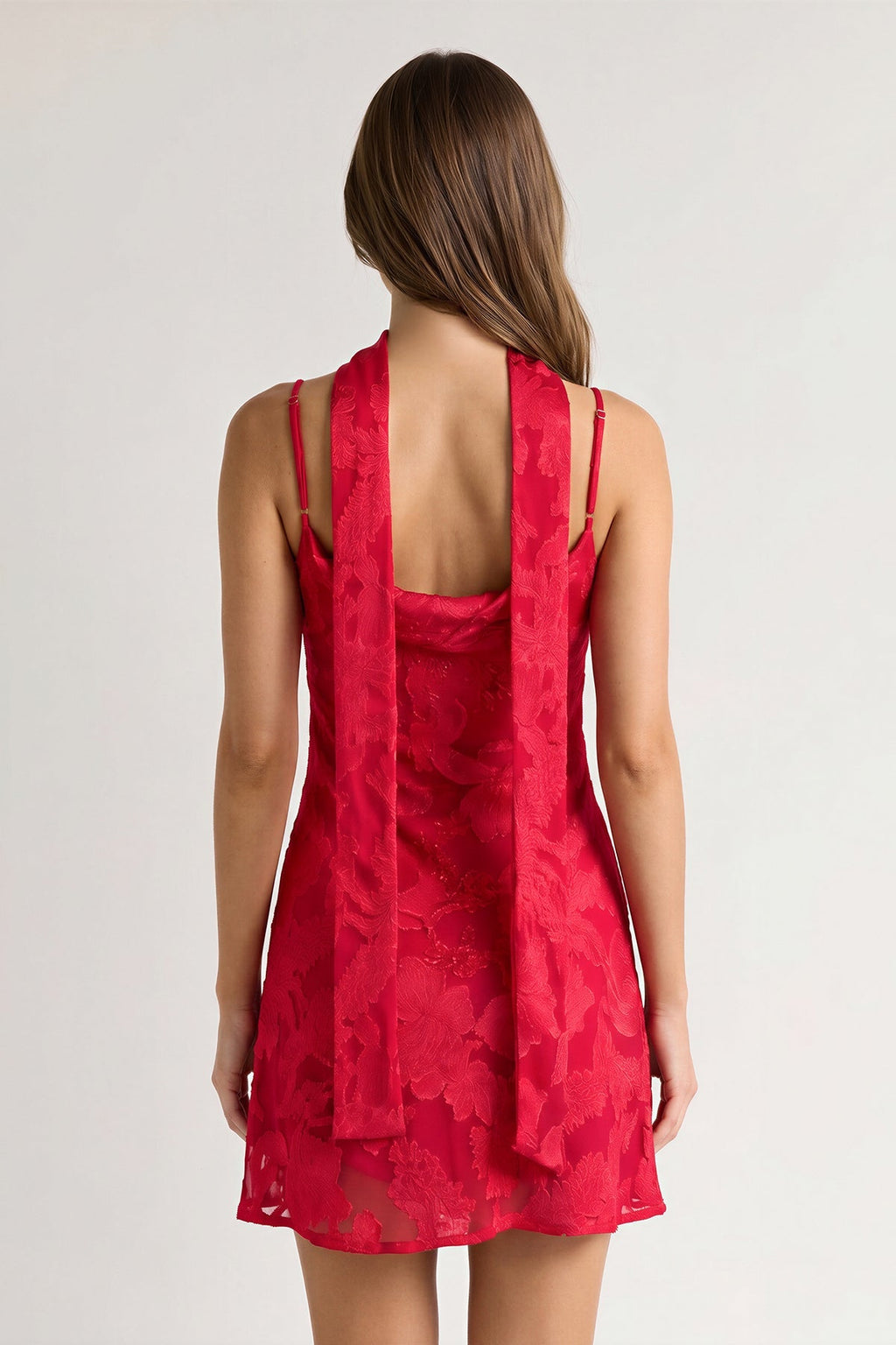 Red Jacquard Chiffon Cami Straps Sheath Homecoming Dress with Scarf - Curvevia