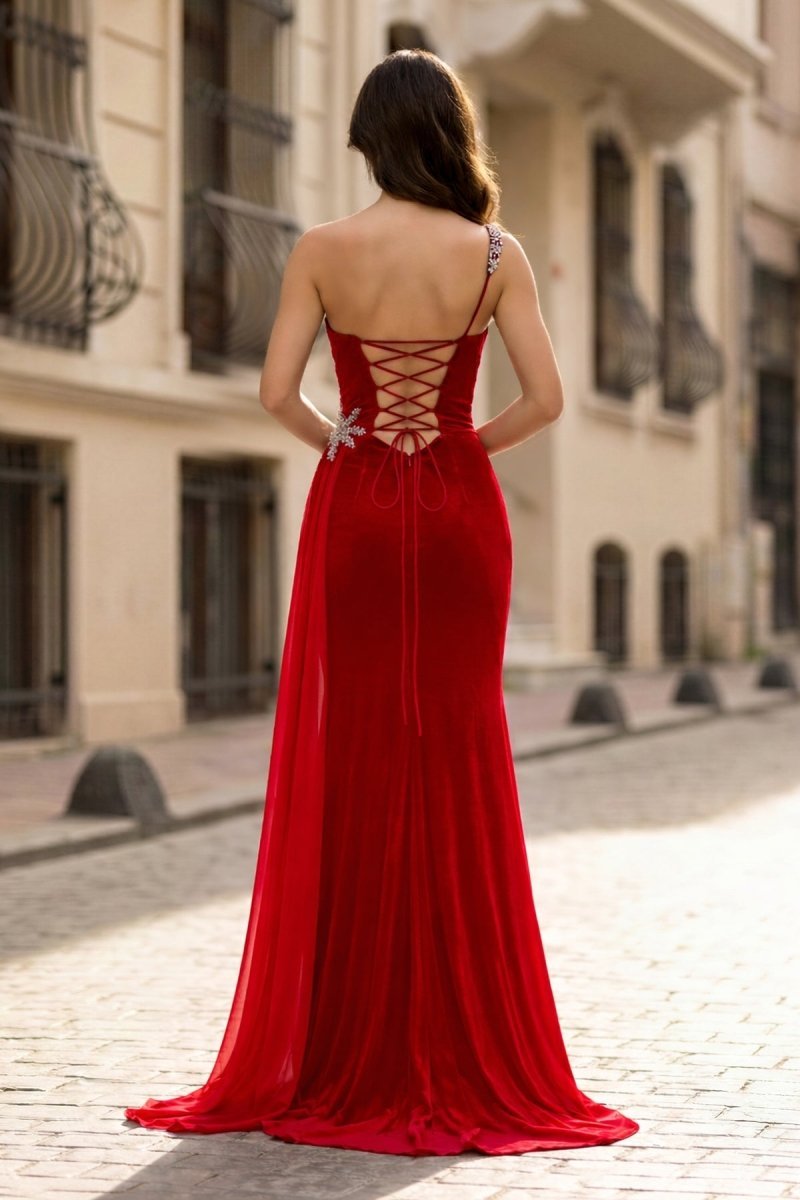 Black Rhinestone One Shoulder A Line Prom Dress with Slit - Curvevia