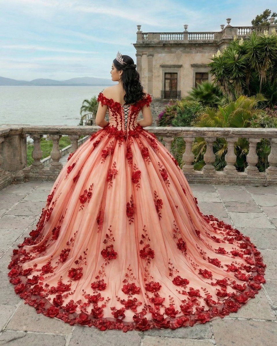 Red Off The Shoulder Tulle Quinceanera Dresses With Lace Appliques - Curvevia