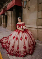 Red Off The Shoulder Tulle Quinceanera Dresses With Lace Appliques - Curvevia