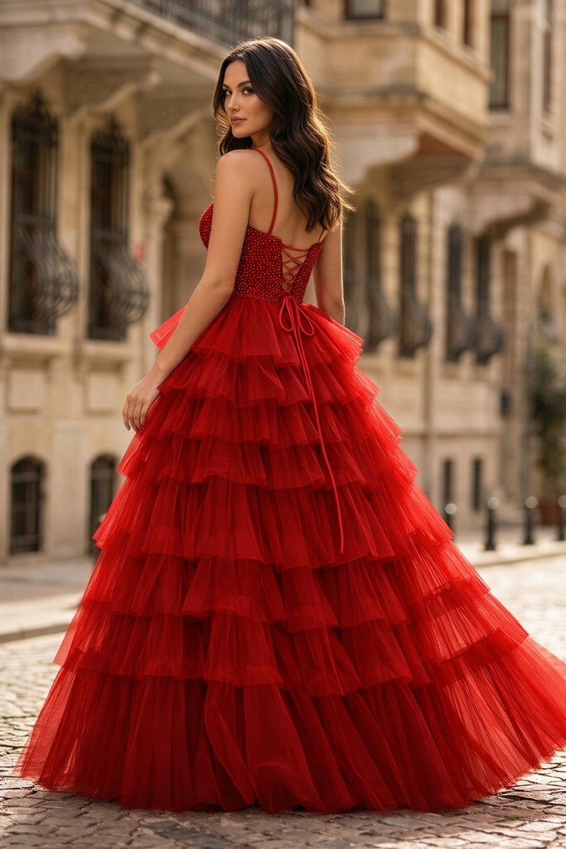 Spaghetti Straps Sweetheart Layered Tulle Formal Prom Dress with Slit - Curvevia