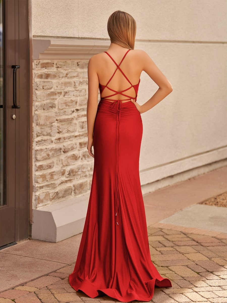 Mermaid Spaghetti Straps Satin Prom Dress with Slit - Curvevia