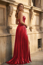 Green Metallic Sweetheart Pleated A-Line Long Evening Dress - Curvevia