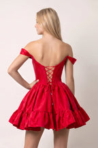 Red Off The Shoulder A Line Pleated Satin Short Wedding Guest Dress - Curvevia