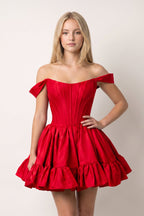 Red Off The Shoulder A Line Pleated Satin Short Wedding Guest Dress - Curvevia