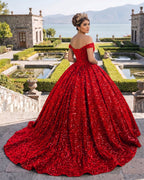 Dark Green Off The Shoulder Ball Gown Sequined Quinceanera Dress - Curvevia