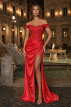 Burgundy Off The Shoulder Mermaid Beaded Satin Long Prom Dresses With Appliques - Curvevia
