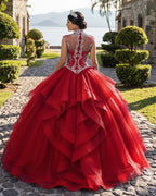 Royal Blue Organza High Neck Quinceanera Dresses Burgundy Prom Dresses - Curvevia