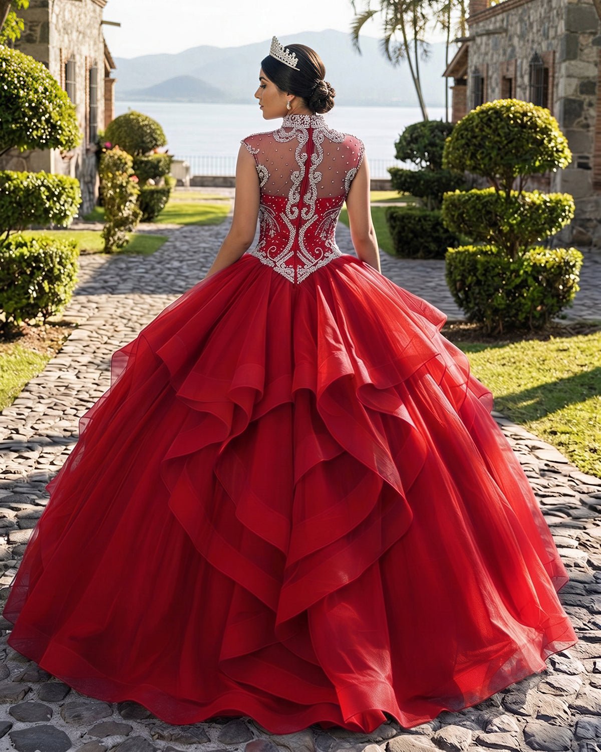 Royal Blue Organza High Neck Quinceanera Dresses Burgundy Prom Dresses - Curvevia