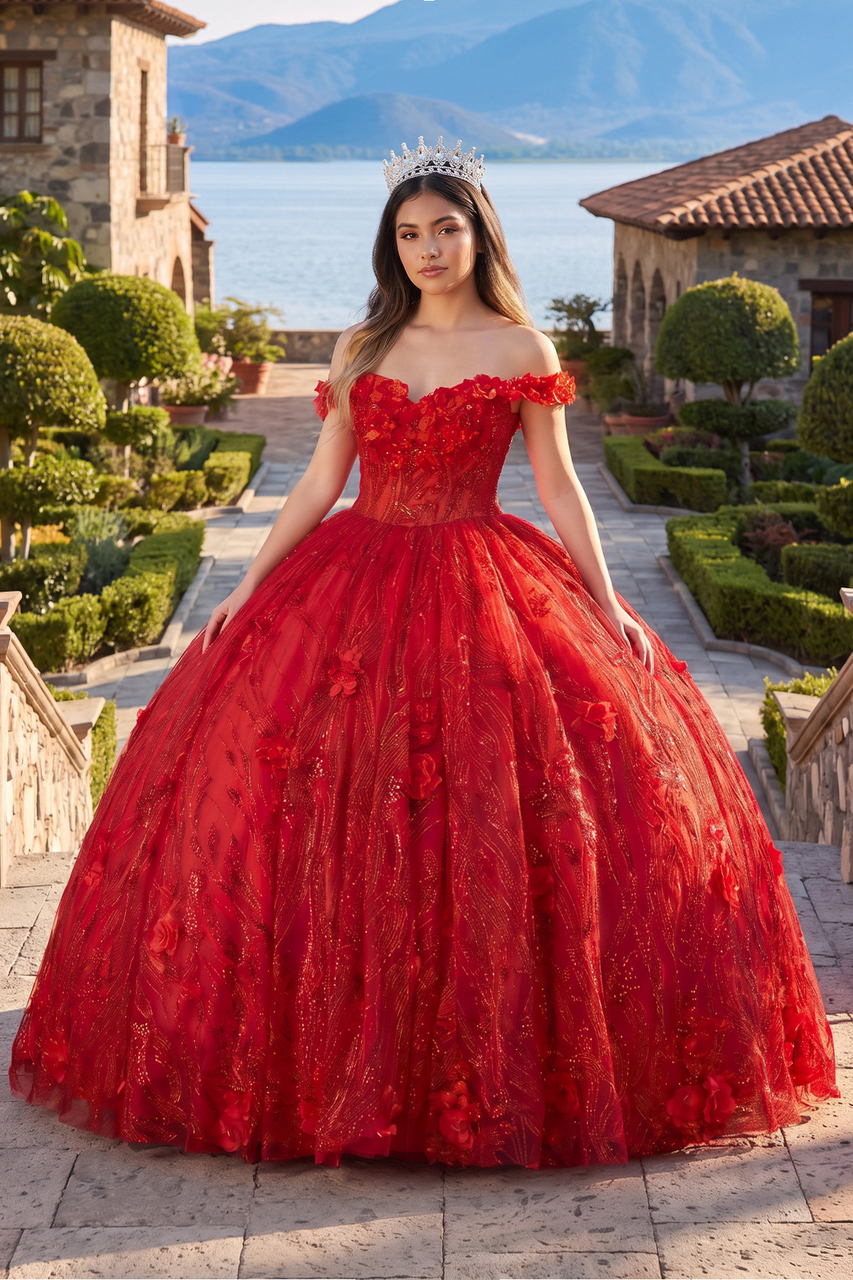 Red Quinceanera Dress Ball Gown Sequined Flowers - Curvevia