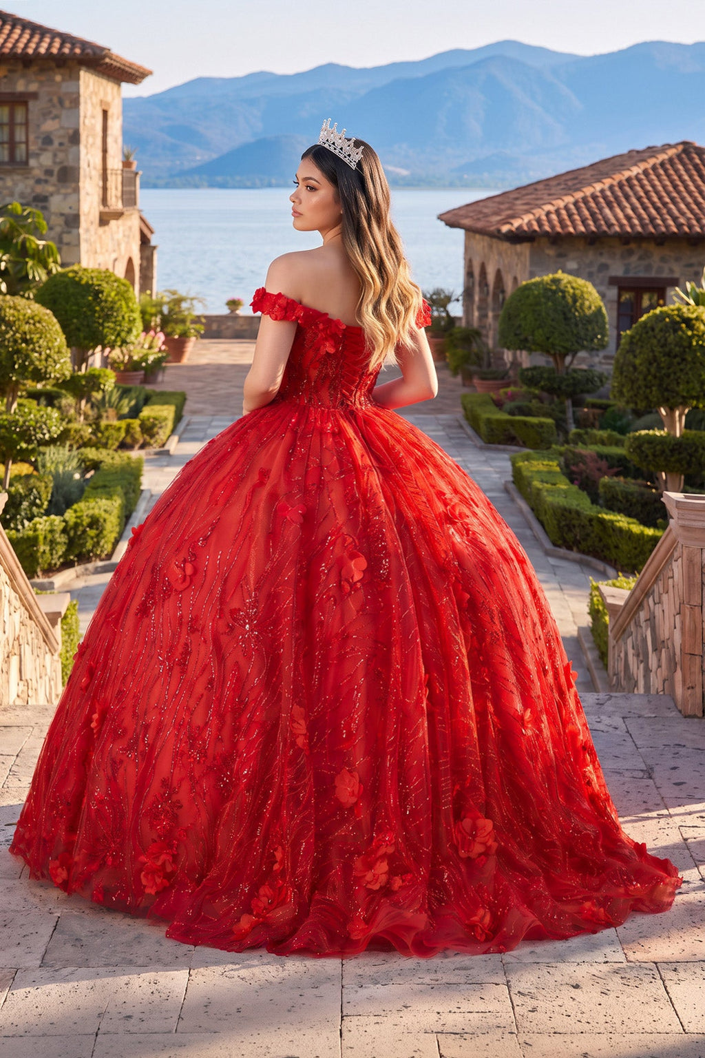 Red Quinceanera Dress Ball Gown Sequined Flowers - Curvevia