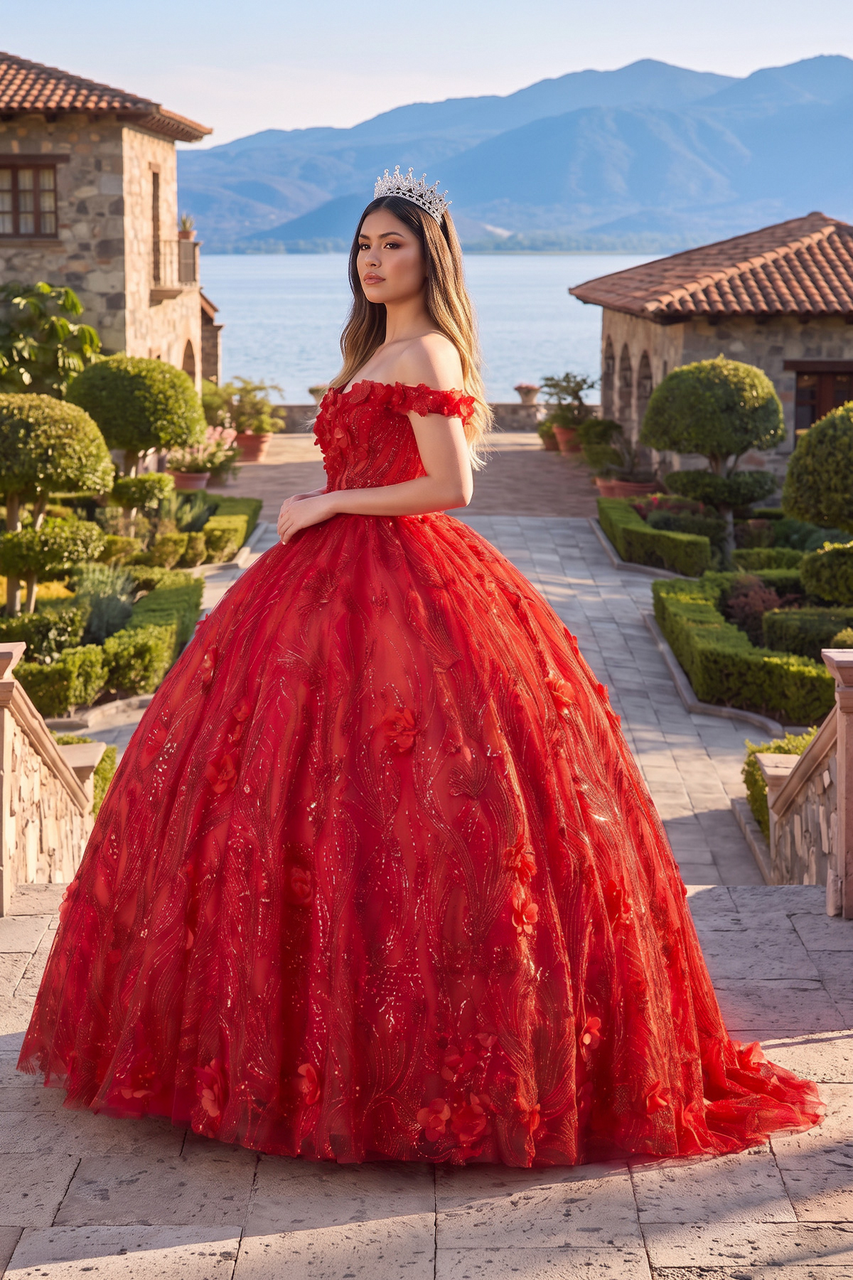 Red Quinceanera Dress Ball Gown Sequined Flowers - Curvevia