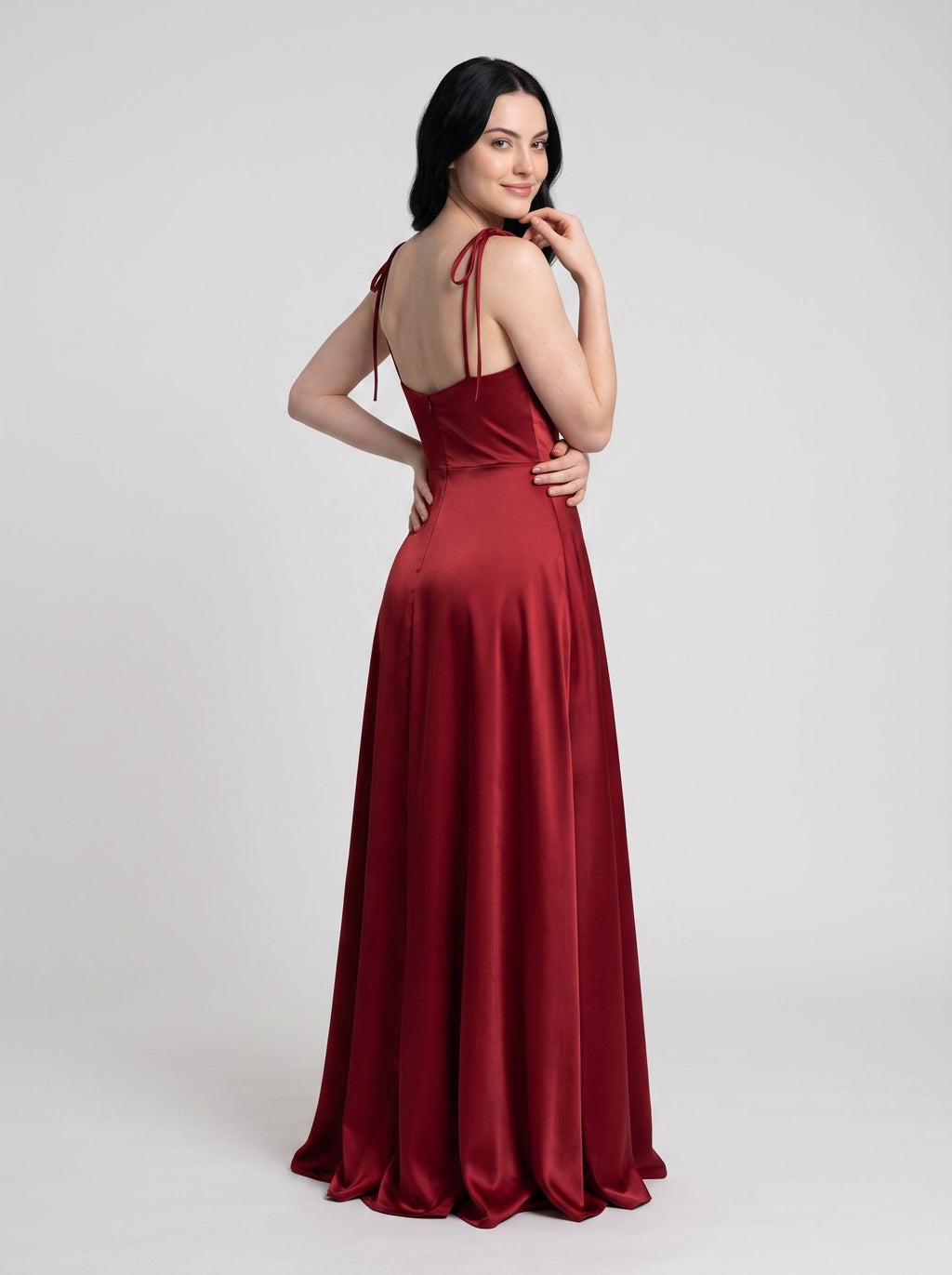 Red Satin A-Line Cowl Neck Back Zip Floor-Length Dress with Shoulder-tie bows and thigh-high side slit - Curvevia