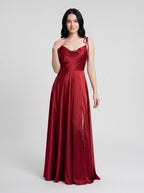Red Satin A-Line Cowl Neck Back Zip Floor-Length Dress with Shoulder-tie bows and thigh-high side slit - Curvevia
