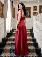Red Satin A-Line Cowl Neck Back Zip Floor-Length Dress with Shoulder-tie bows and thigh-high side slit - Curvevia