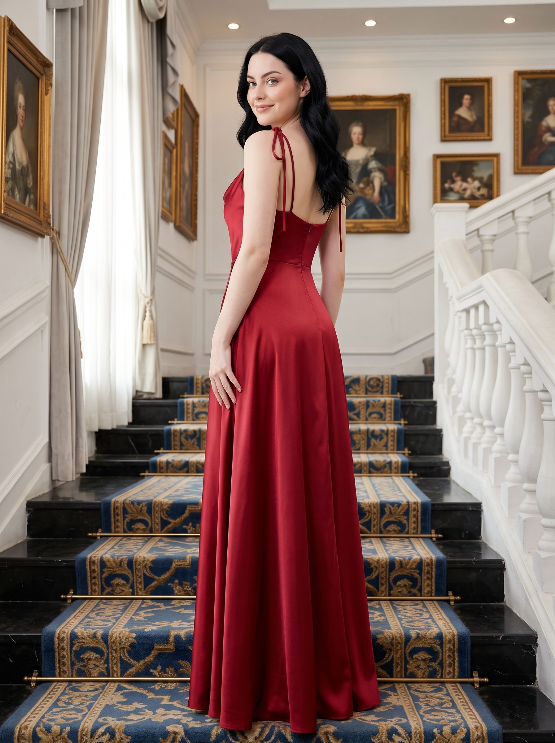 Red Satin A-Line Cowl Neck Back Zip Floor-Length Dress with Shoulder-tie bows and thigh-high side slit - Curvevia