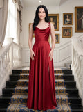 Red Satin A-Line Cowl Neck Back Zip Floor-Length Dress with Shoulder-tie bows and thigh-high side slit - Curvevia
