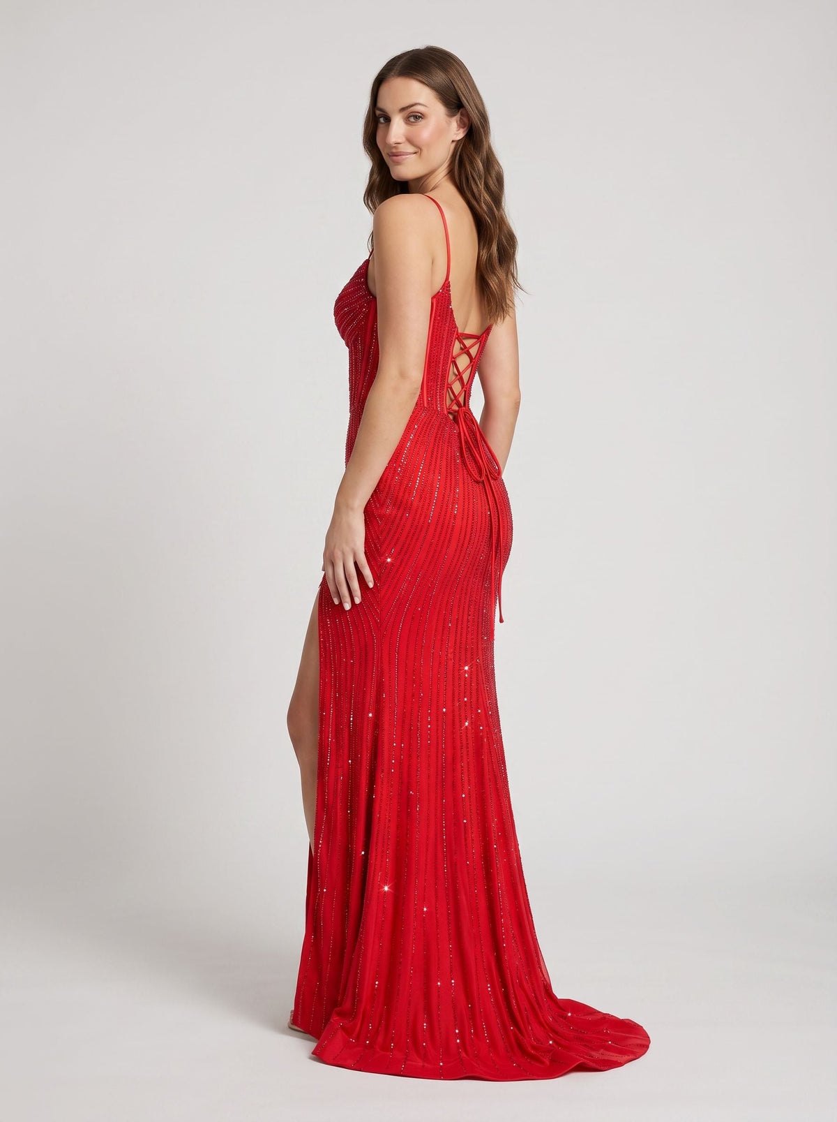 Red Satin Mermaid V-Neck Corset Back Floor-Length Dress with Beading and High Slit - Curvevia