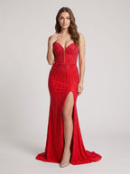 Red Satin Mermaid V-Neck Corset Back Floor-Length Dress with Beading and High Slit - Curvevia