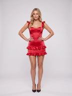 Red Satin Sheath Sweetheart Back Zip Short Dress with Ruffle Hem - Curvevia