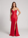 Red Satin Sheath V-Neck Corset Back Floor-Length Dress with Bead Trim and Slit - Curvevia