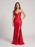 Red Satin Sheath V-Neck Corset Back Floor-Length Dress with Bead Trim and Slit - Curvevia