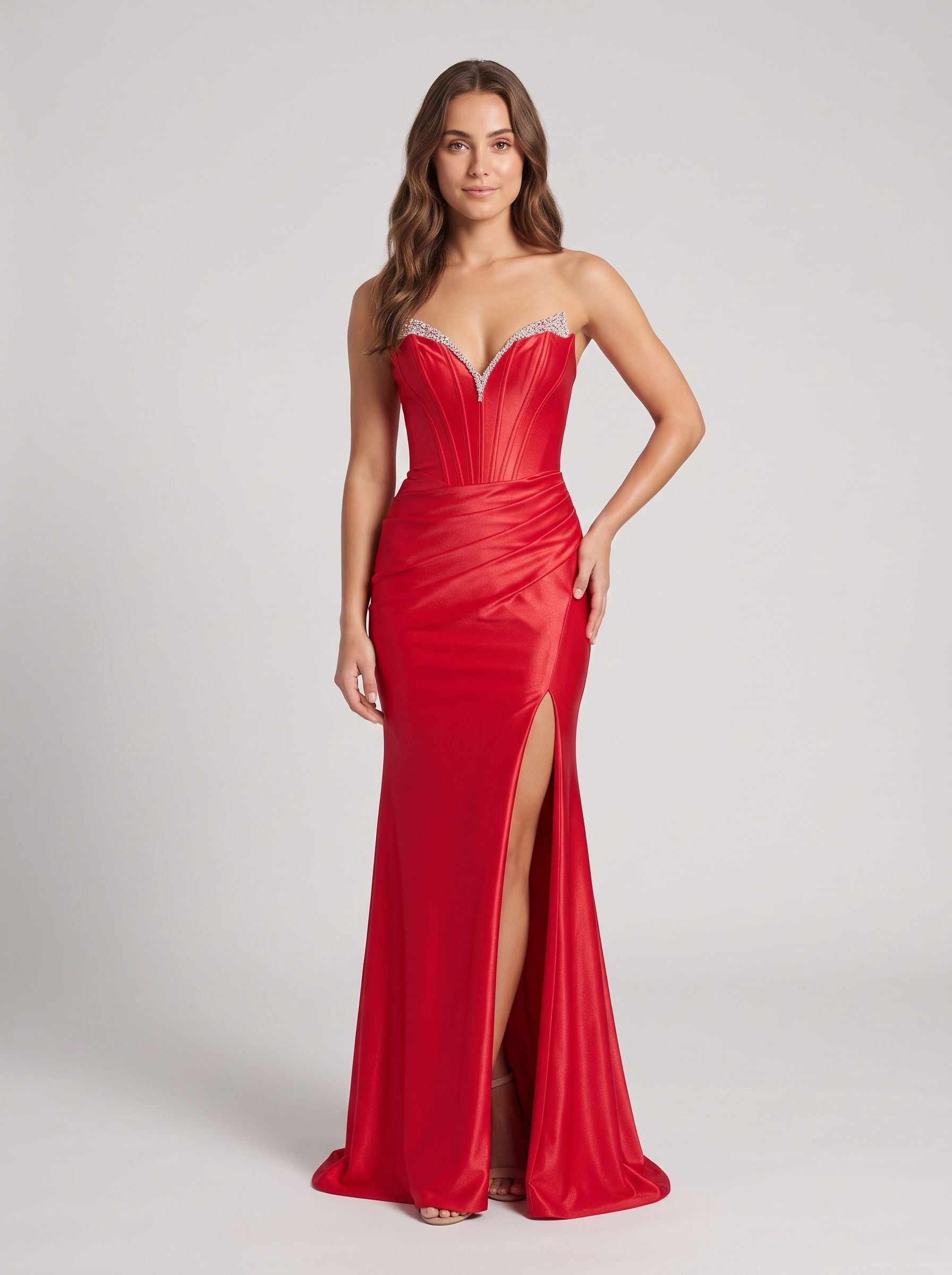 Red Satin Sheath V-Neck Corset Back Floor-Length Dress with Bead Trim and Slit - Curvevia