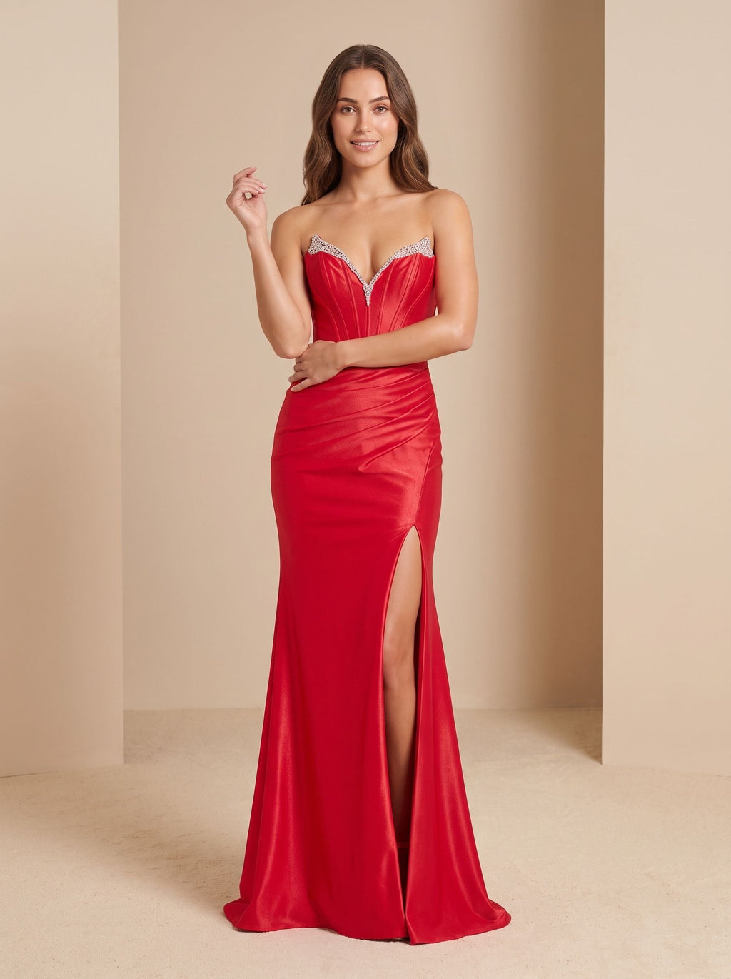 Red Satin Sheath V-Neck Corset Back Floor-Length Dress with Bead Trim and Slit - Curvevia