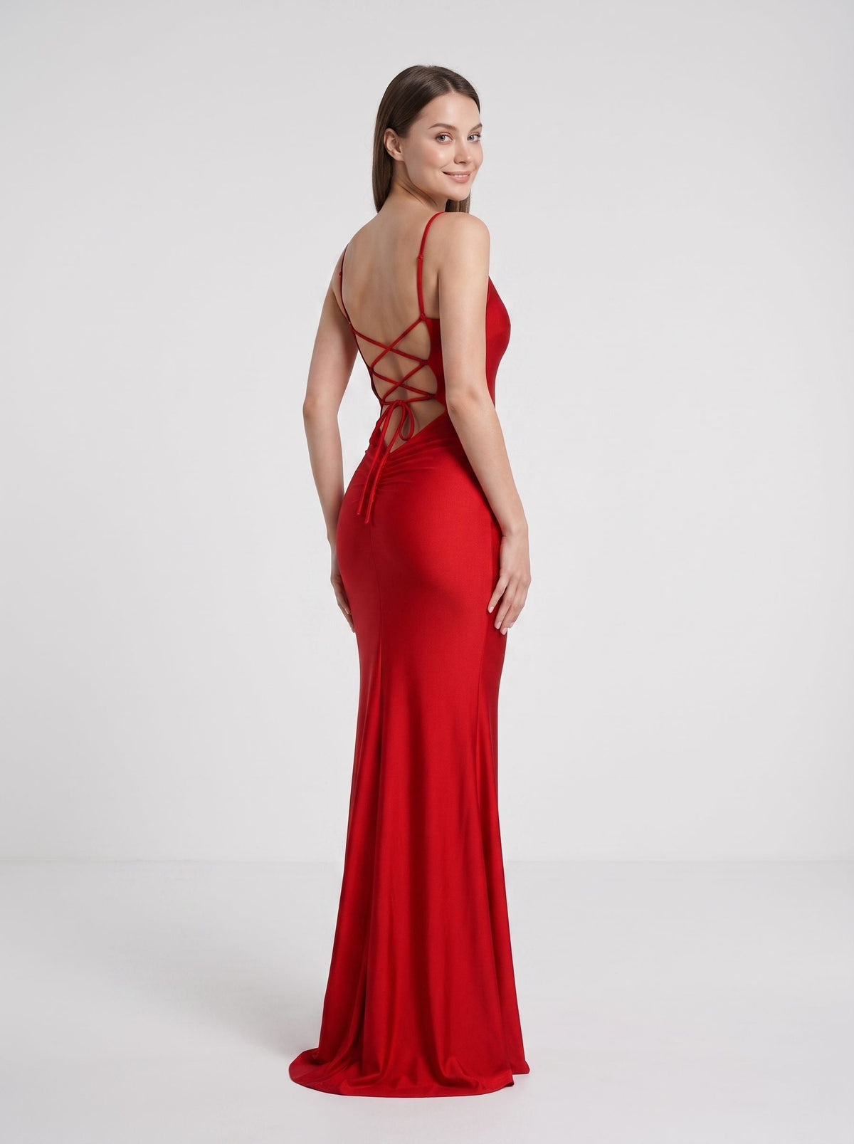Red Satin Sheath V-Neck Criss-Cross Straps Floor-Length Dress with Faux-Wrap Bodice - Curvevia