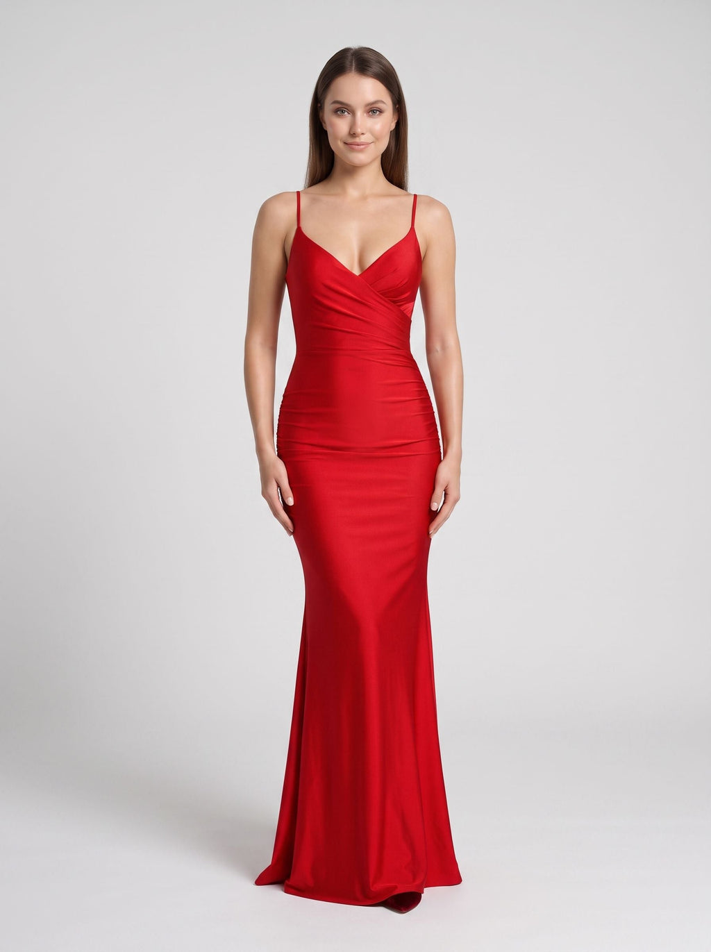Red Satin Sheath V-Neck Criss-Cross Straps Floor-Length Dress with Faux-Wrap Bodice - Curvevia