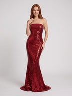 Red Sequins Sheath Straight Neck Back Zip Floor-Length Dress with Corset Bodice - Curvevia
