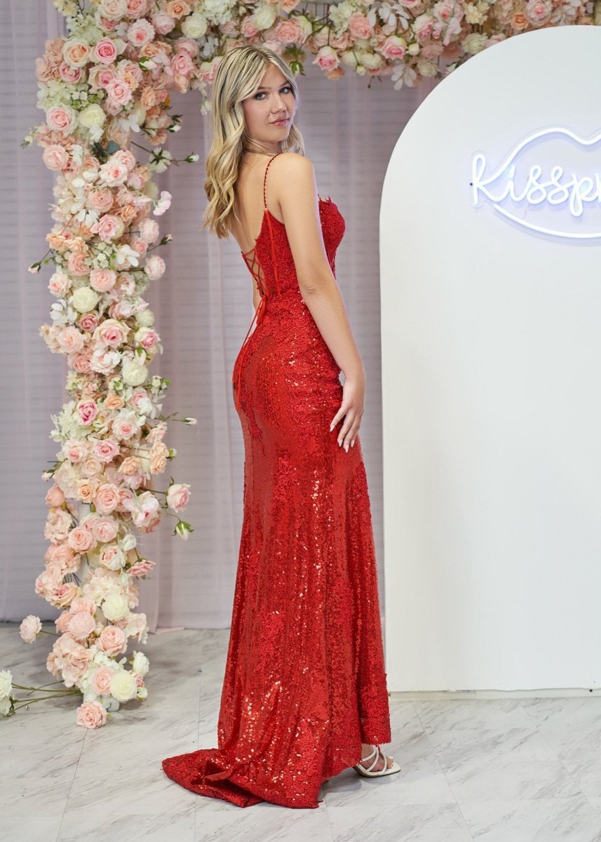 Mermaid Spaghetti Straps Appliques Evening Dress with Slit - Curvevia