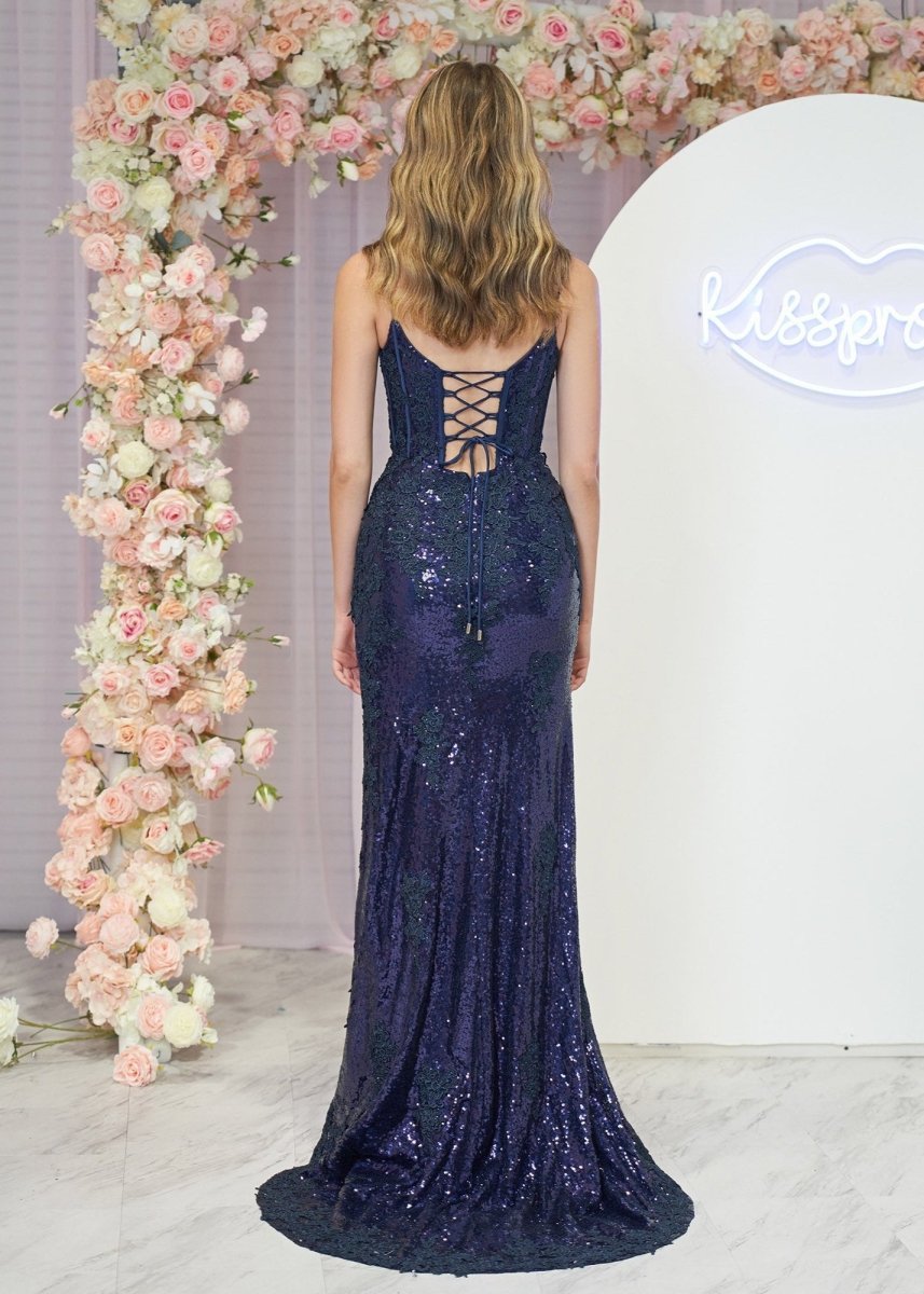 Mermaid Spaghetti Straps Appliques Evening Dress with Slit - Curvevia