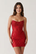 Red Sparkly Beaded Strapless Sheath Corset Homecoming Dress - Curvevia