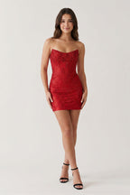 Red Sparkly Beaded Strapless Sheath Corset Homecoming Dress - Curvevia