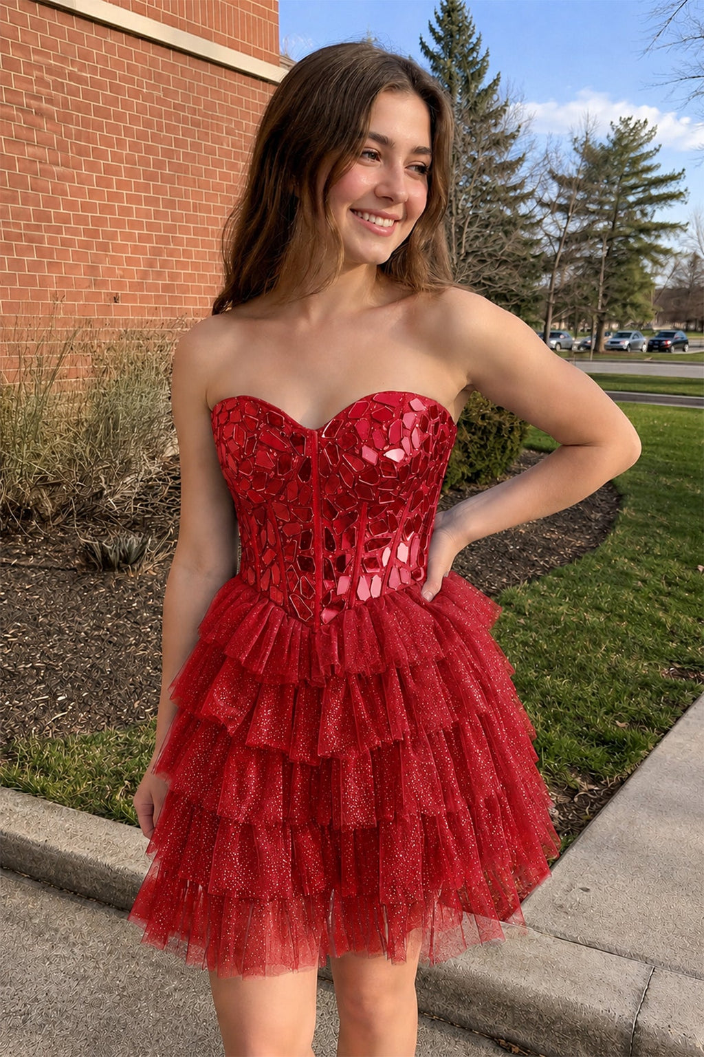 Sparkly Champagne Sweetheart A-Line Tulle Tiered Homecoming Dress - Curvevia