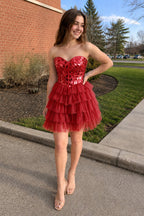 Sparkly Champagne Sweetheart A-Line Tulle Tiered Homecoming Dress - Curvevia