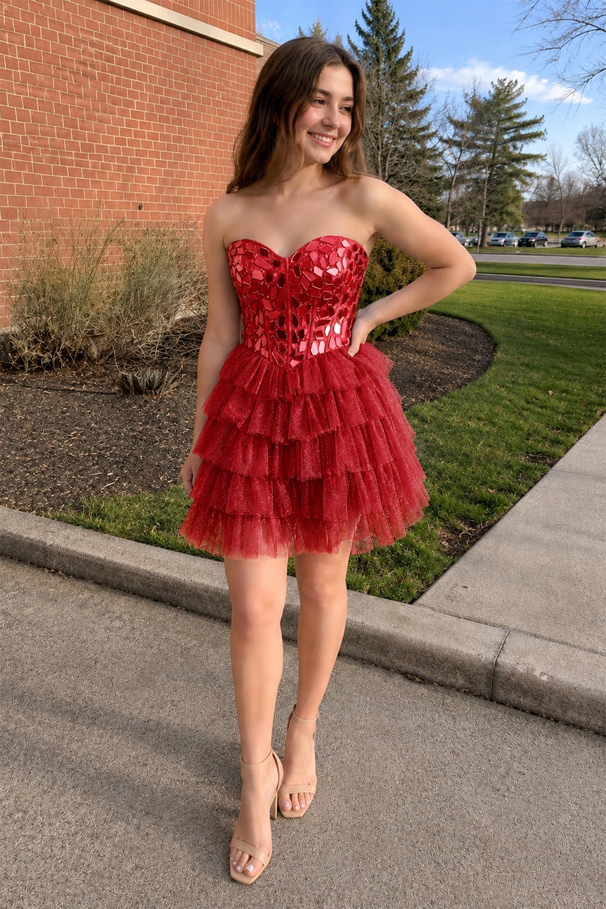 Sparkly Champagne Sweetheart A-Line Tulle Tiered Homecoming Dress - Curvevia