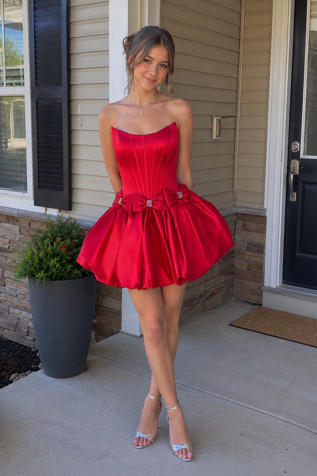 Red - Strapless A Line Satin Short Wedding Guest Dress With Bow - Curvevia
