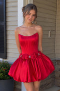 Red - Strapless A Line Satin Short Wedding Guest Dress With Bow - Curvevia