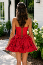 Strapless Black Beaded Short Homecoming Dress with Bow - Curvevia