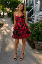 Red - Strapless Floral Chiffon A Line Corset Tiered Wedding Guest Dress With Appliques - Curvevia