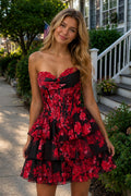 Red - Strapless Floral Chiffon A Line Corset Tiered Wedding Guest Dress With Appliques - Curvevia