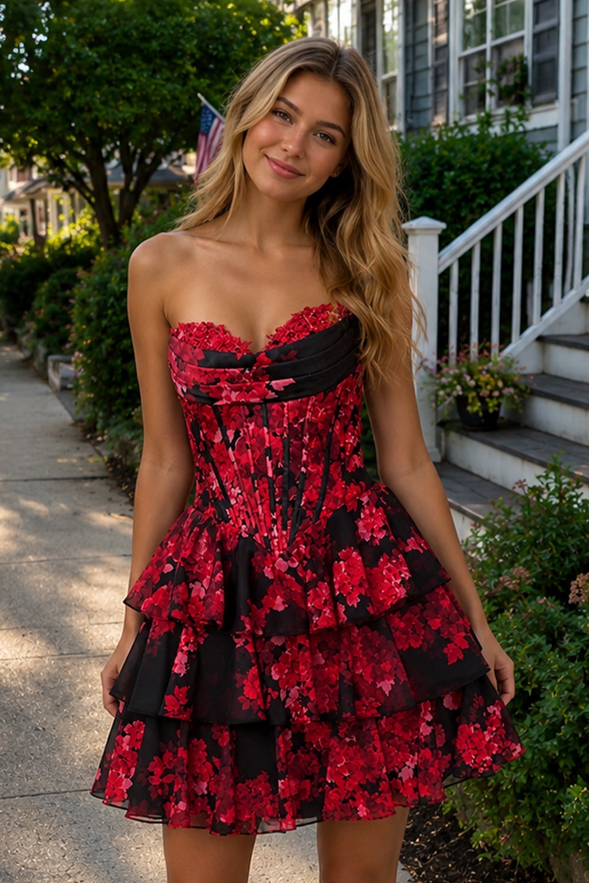 Red - Strapless Floral Chiffon A Line Corset Tiered Wedding Guest Dress With Appliques - Curvevia