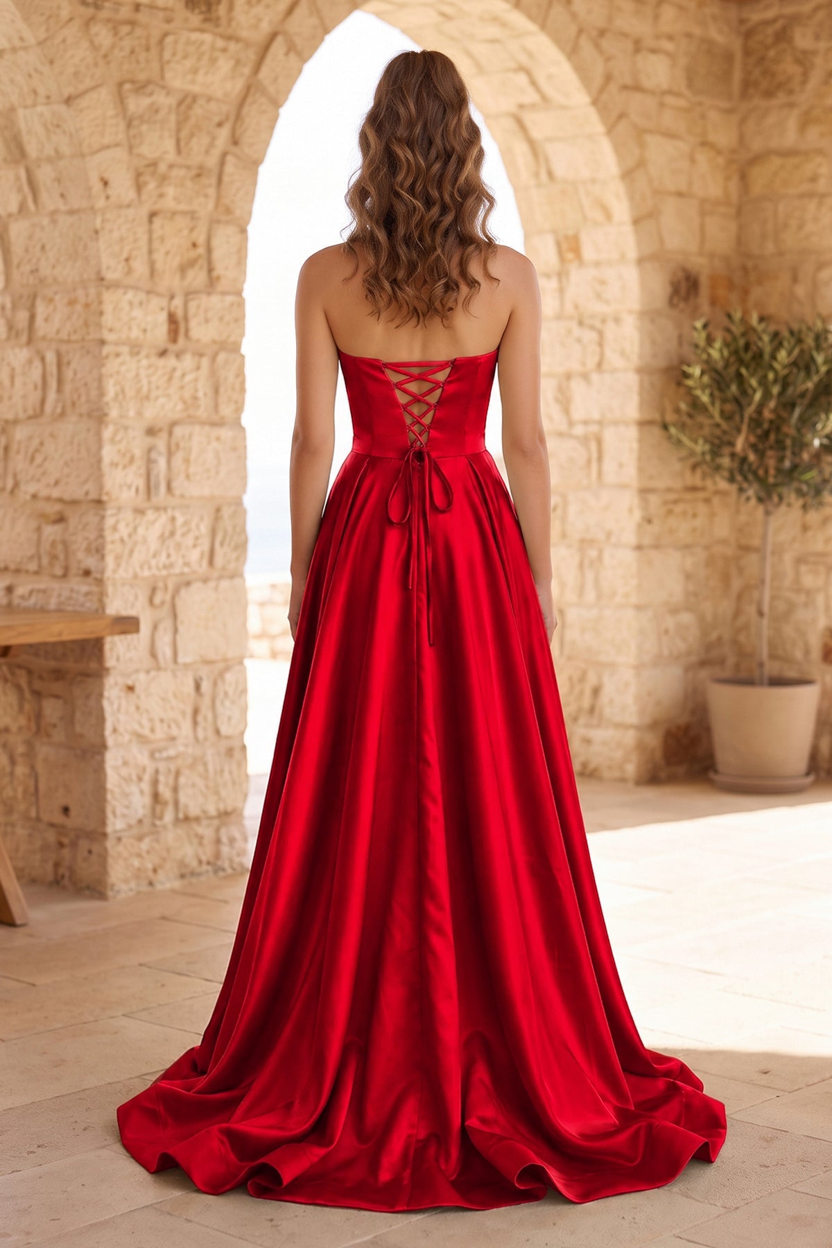 Black Strapless Satin Long Evening Dress With High Split - Curvevia